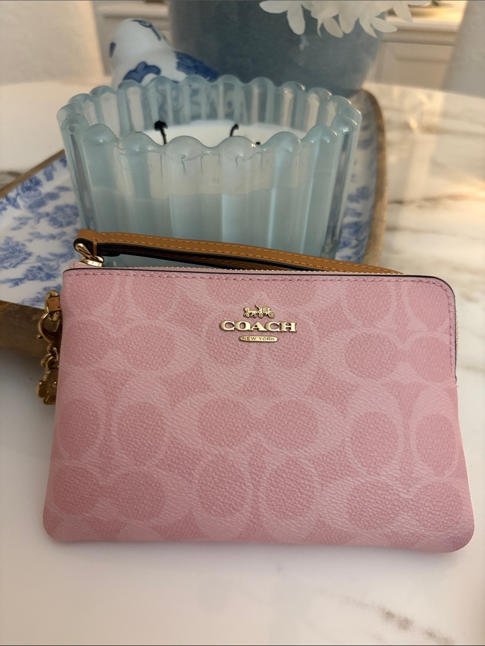 Coach Pink Signature Wristlet with Tan Strap